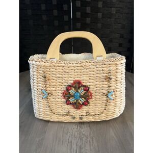 VTG! White Stag Beaded Boho Straw Beach Purse‎ Bag Wood Handle Retro Very Good!